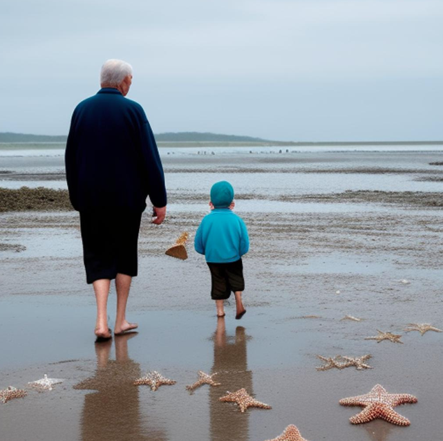man and boy walking along beach covered with starfish